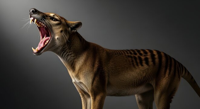 Tasmanian Tiger roaring with sharp teeth in dramatic studio lighting against a dark backdrop