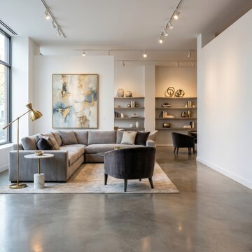 Modern minimalist office lounge with comfortable seating and open workspace, contemporary interior design, commercial real estate, professional environment, business lifestyle.
