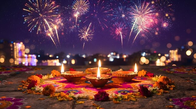 Diwali festival celebration with diyas and rangoli under fireworks in the night sky