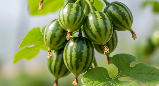 Tiny striped gourds growing on a vine in soft diffused sunlight with green leaves and a bokeh background