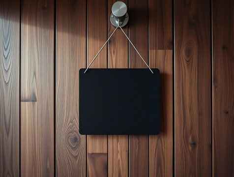 Empty black chalkboard sign hanging on a rustic wooden wall with colorful planks