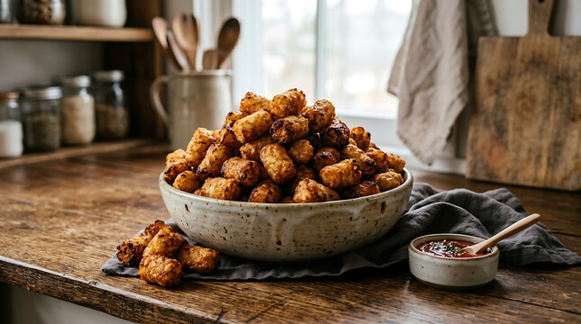A generous bowl overflowing with golden crispy tater tots on a rustic wooden table