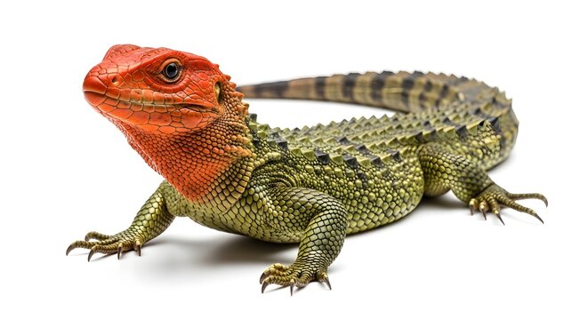 Tuatara reptile with vibrant orange head on a clean white background with sharp detail