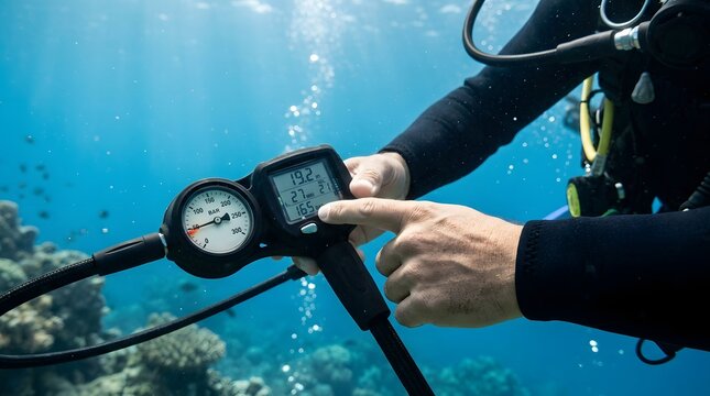 Diver checking oxygen pressure and depth on a digital console under sunny blue sea surface.