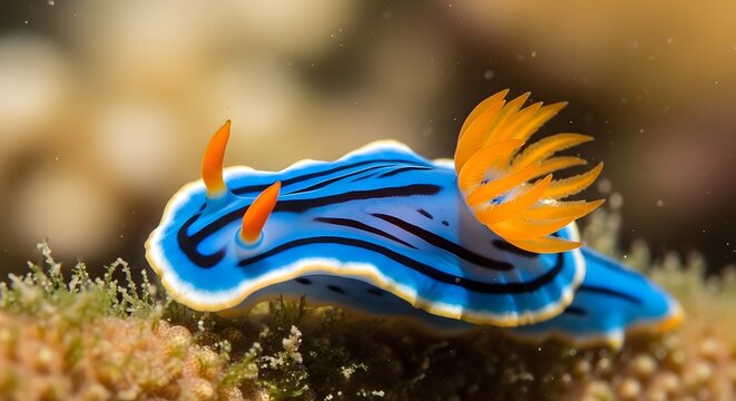 Vibrant blue nudibranch with orange rhinophores on coral reef during underwater exploration