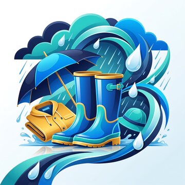 Wet weather gear including blue rain boots yellow jacket umbrella and hat isolated on transparent background