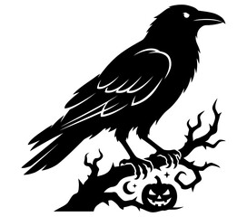 Fototapeta premium Raven silhouette perched on branch with halloween pumpkin