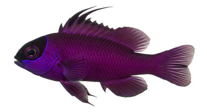 Vibrant purple damselfish swimming with clear fins against a bright white background in studio lighting