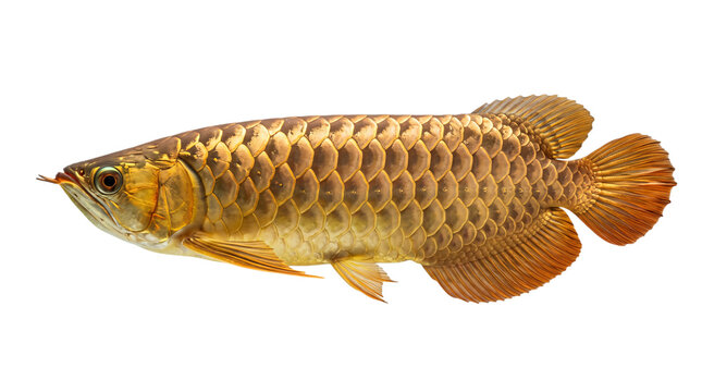 Golden arowana fish with large scales, isolated on isolated on png transparent background