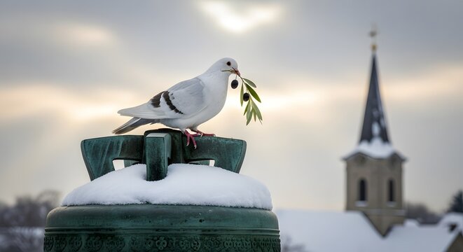 White dove with olive branch perched on bell during winter with church spire background symbolizing peace and hope
