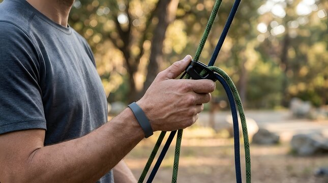 Climber holds green and black static ropes in warm sunlight before a rock ascent.