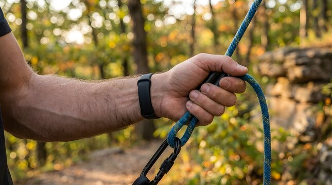 Athlete holds a blue rope clipped into a carabiner during outdoor rock climbing preparation.
