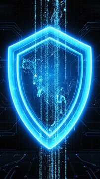 Glowing blue digital shield symbol set against a background of falling binary code and circuit lines