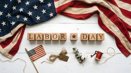 Fototapeta premium Labor day festive tabletop arrangement with flag and wooden