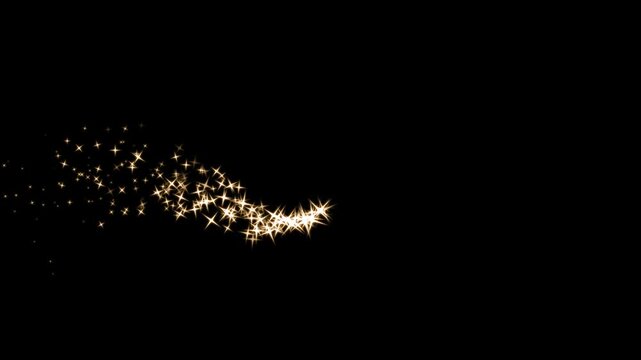 Sparkling white stars twinkle animation, glowing glitter dust trail and magic line motion, shining star burst effect, cartoon doodle sparkles, seamless transition overlay, black screen background. 4k