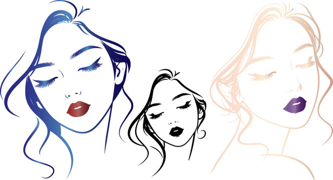 Minimalist fashion illustration of woman faces, elegant line art beauty portraits, aesthetic female sketches for salon branding