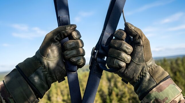 Gloved hands hold tight to parachute straps against a vivid blue sky and green landscape below.