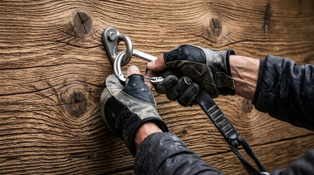 Climber fastens a shiny metal carabiner onto an anchor loop attached to a weathered wooden wall.