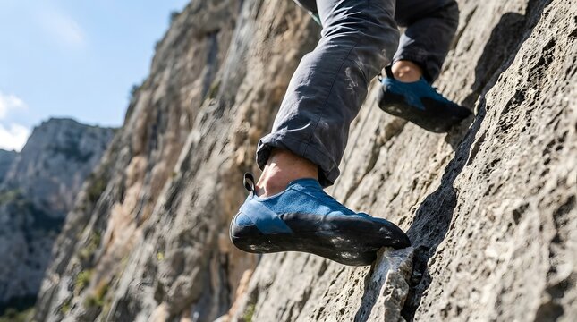 Climber scales a steep limestone rock face using blue climbing shoes under bright sunlight.