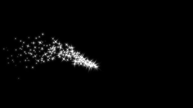 White twinkle sparkle stars animation, glitter line magic dust trail, fast shining particle motion, glowing cartoon doodle stars, fairy dust transition effect, seamless 4k black screen background.