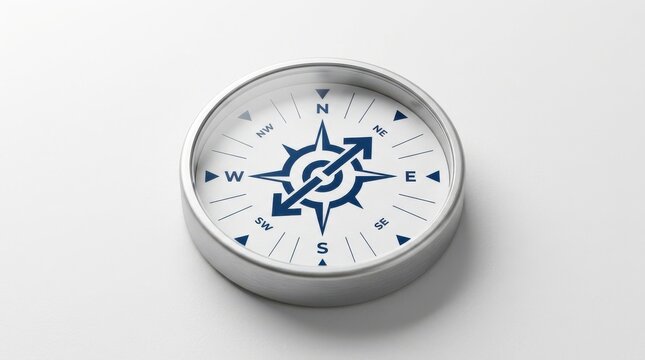 A clean, modern compass with blue markings on a white background