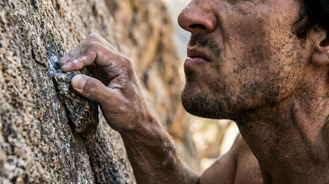 Rock climber holds a small edge on a rough granite cliff face with intense focus.