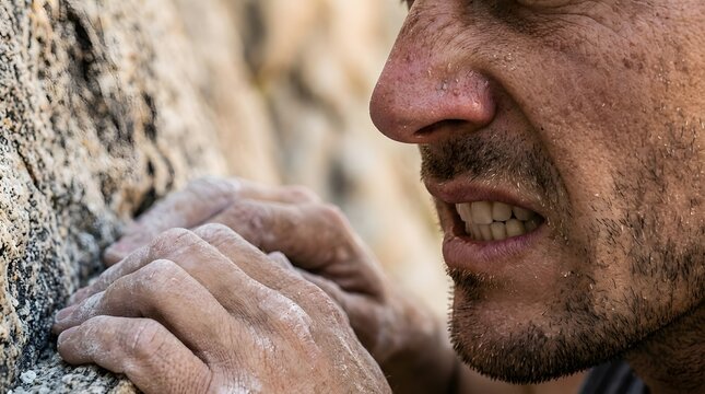 Focused rock climber grimaces with exertion while clinging to a steep granite cliff ledge.