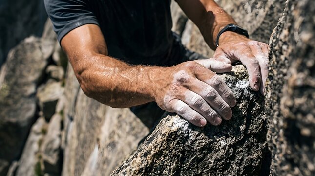 Climber's chalked hands grip a rough dark rock ledge during a steep outdoor ascent.