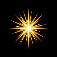 Fototapeta premium Single golden starburst light effect radiating intense rays on deep black backdrop.