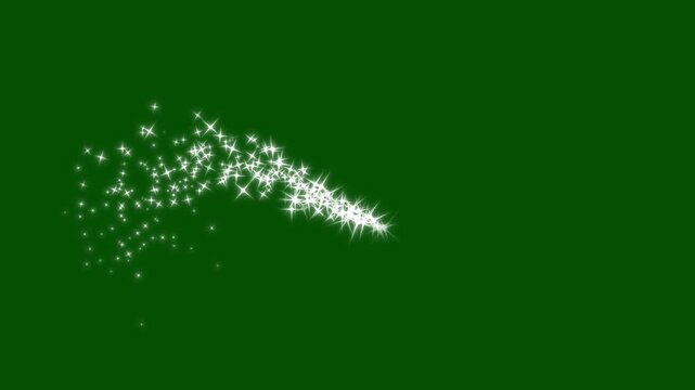 Fairy glitter sparkle twinkling stars animation, white shining particles and magic dust trail, glowing star line motion, cartoon vector doodles, cinematic shimmer overlay, green screen background. 4k