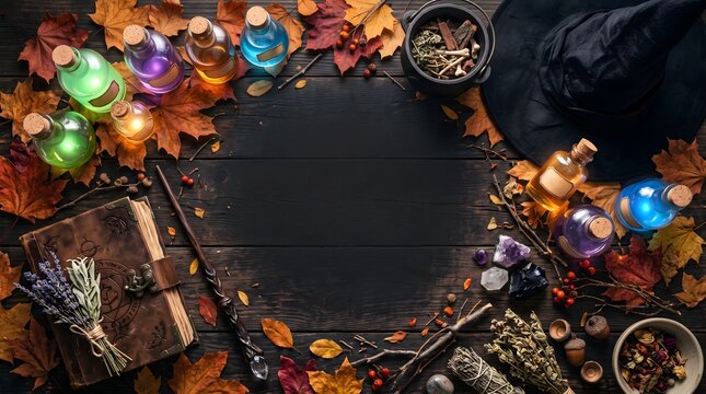 A mystical halloween background featuring an old spell book surrounded by glowing magic potions and autumn leaves with copy space