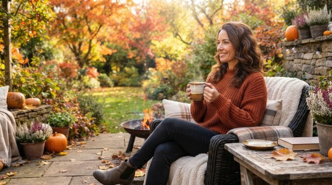 Woman relaxing with a warm drink in a colorful autumn garden, peaceful outdoor lifestyle, seasonal wellness and cozy fall comfort.