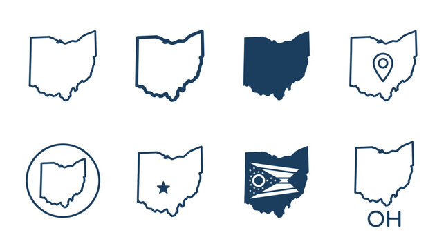 Ohio State Map Outline Icon Set with Location Pin, Star, and Flag Elements