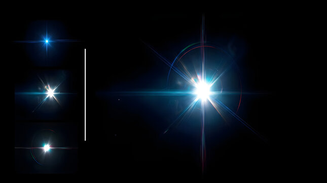 Anamorphic blue lens flare set, glowing optical light leaks on black background, cinematic starburst effects for video overlay