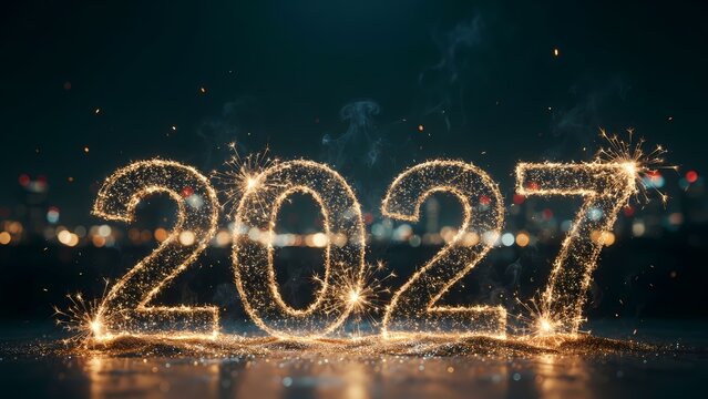 Glowing fiery digits forming 2027 composed of sparkling particles and burning embers resting on a dark surface with smoke rising against a distant city night skyline blurred with warm festive bokeh li