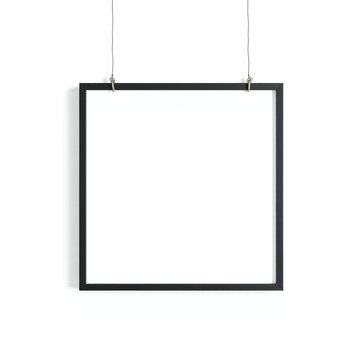 Square black picture frame hanging on thin metal wires
