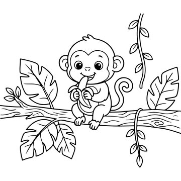 Cute baby monkey sitting on a branch holding finger to mouth isolated on white background