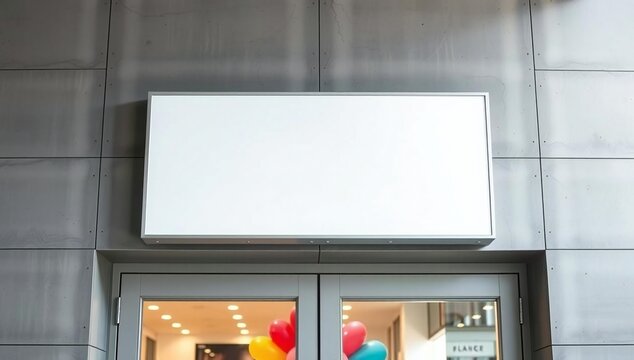 Blank white rectangular sign board mounted on a modern grey tiled building wall above a shop entrance