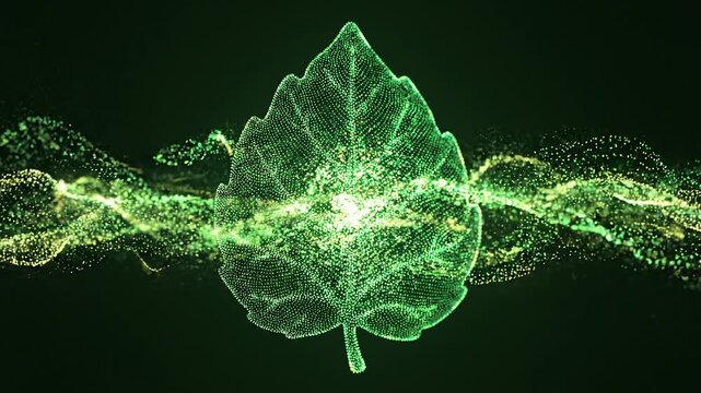 A glowing green digital leaf composed of particles set against a dark abstract background