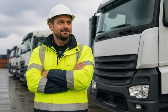 Logistics worker standing by trucks at industrial loading yard