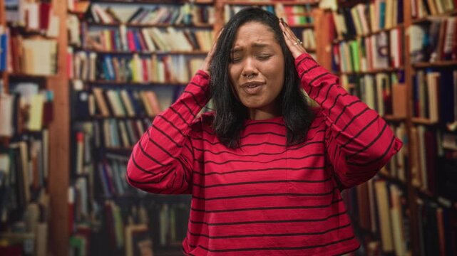 African american woman holding head with hands and grimacing, septum ring visible, red striped sweater in a library building; stress concentration.