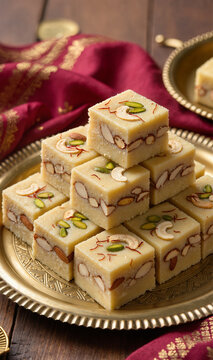 Indian Kaju Barfi Sweets Garnished with Pistachios
