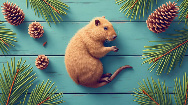A small animal sits on a blue wooden surface surrounded by pine branches and pine cones