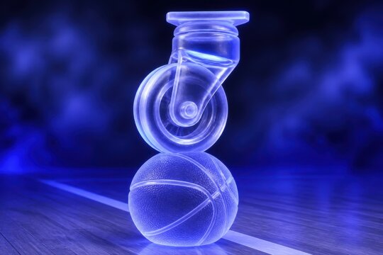 Rolling caster wheel balanced on basketball in blue sports arena light