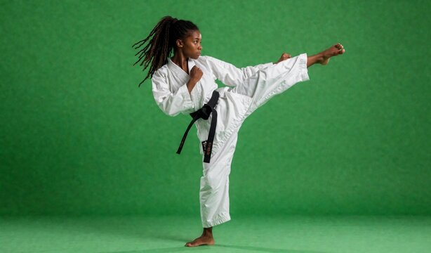 Female Martial Arts Expert Performing High Kick in White Gi