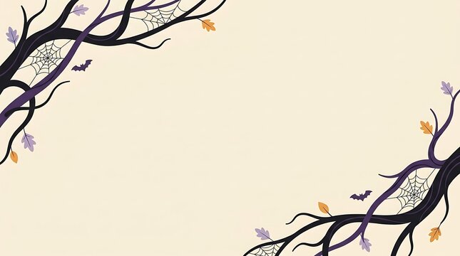Halloween spooky tree branches with bats and spider webs on beige background for festive invitation design.