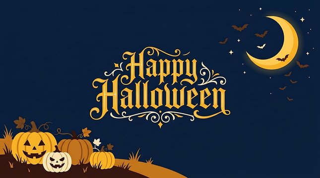 Happy Halloween text with pumpkins and crescent moon on dark blue background for festive greeting card design.