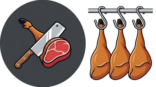 Meat cuts and butcher cleaver with transparent background