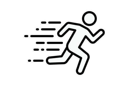 Simple line art icon of a person running fast with motion blur lines on a white background