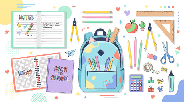 School backpack surrounded by notebooks, pencils, rulers, and other stationery supplies for back to school concept.